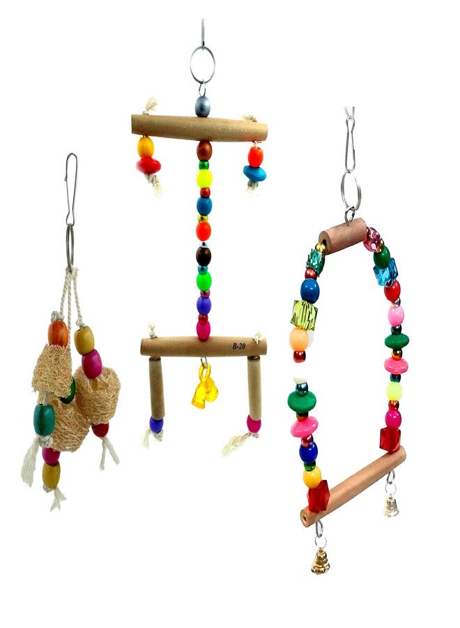 JAINSONS PET PRODUCTS ألعاب طيور من جاينسونز لمنتجات الحيوانات الأليفة، 3 قطع من ألعاب التأرجح الخشبية الطبيعية للطيور، لعبة مضغ مع حامل تأرجح للطيور المتوسطة الحجم، عبوة من 3 قطع - Image 1